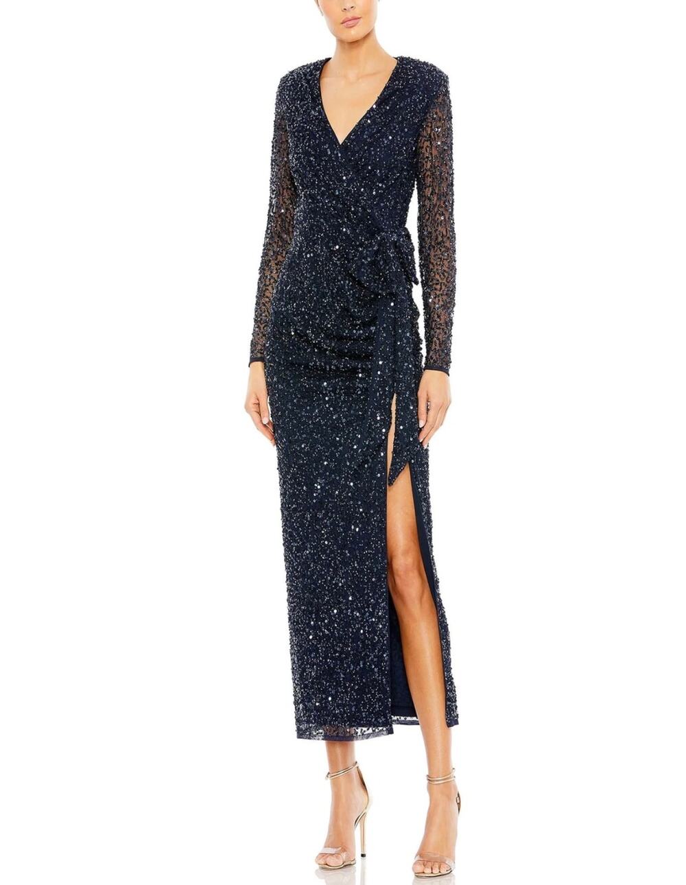 Mac Duggal 10558 Navy Blue Evening Gown Sequined Long Sleeve Column Dress Size 6
